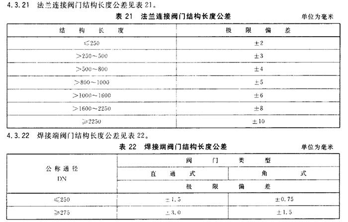 阀门结构长度公差表见表图